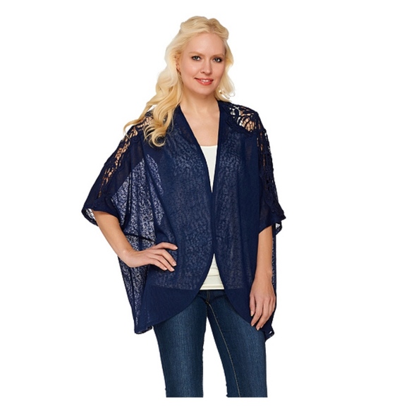 Tashon Sweaters - Tashon Navy Blue Lace Shoulder Kimono Open Front Cardigan Shrug Bolero Missy OS